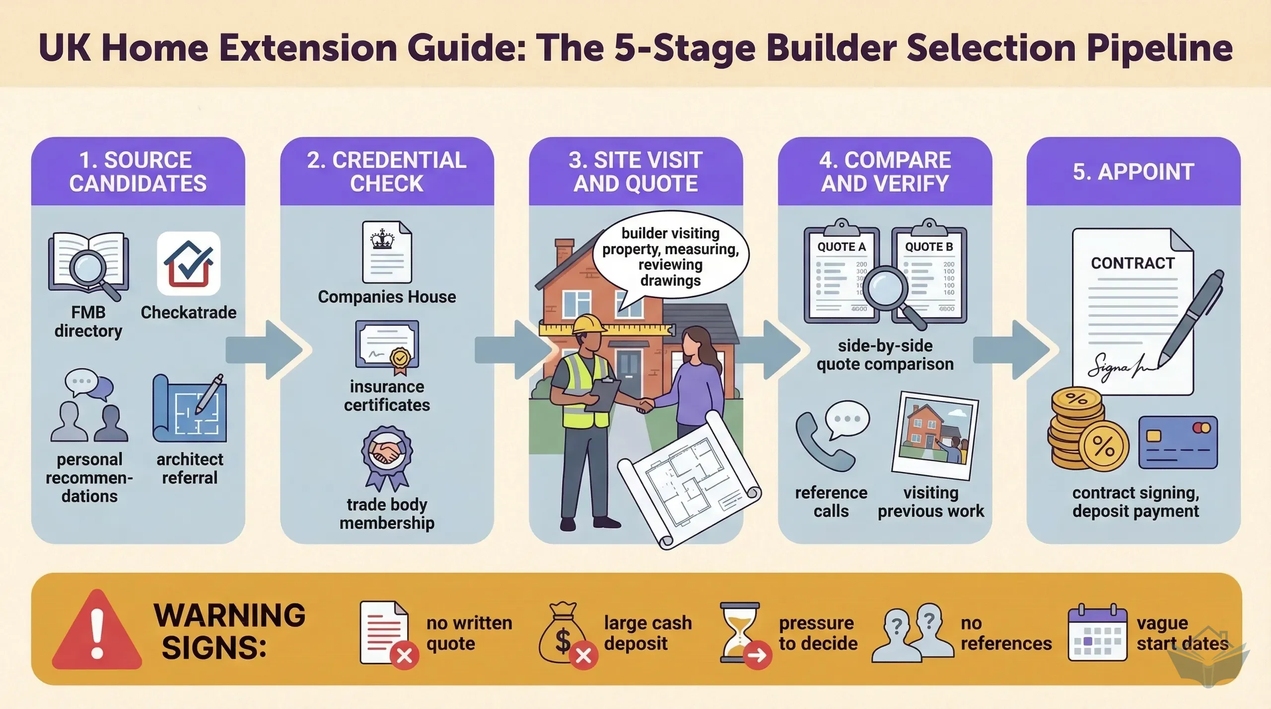 Builder vetting process infographic showing five stages from sourcing candidates through credential checks, site visits, quote comparison, and final appointment, with red flag indicators at each stage