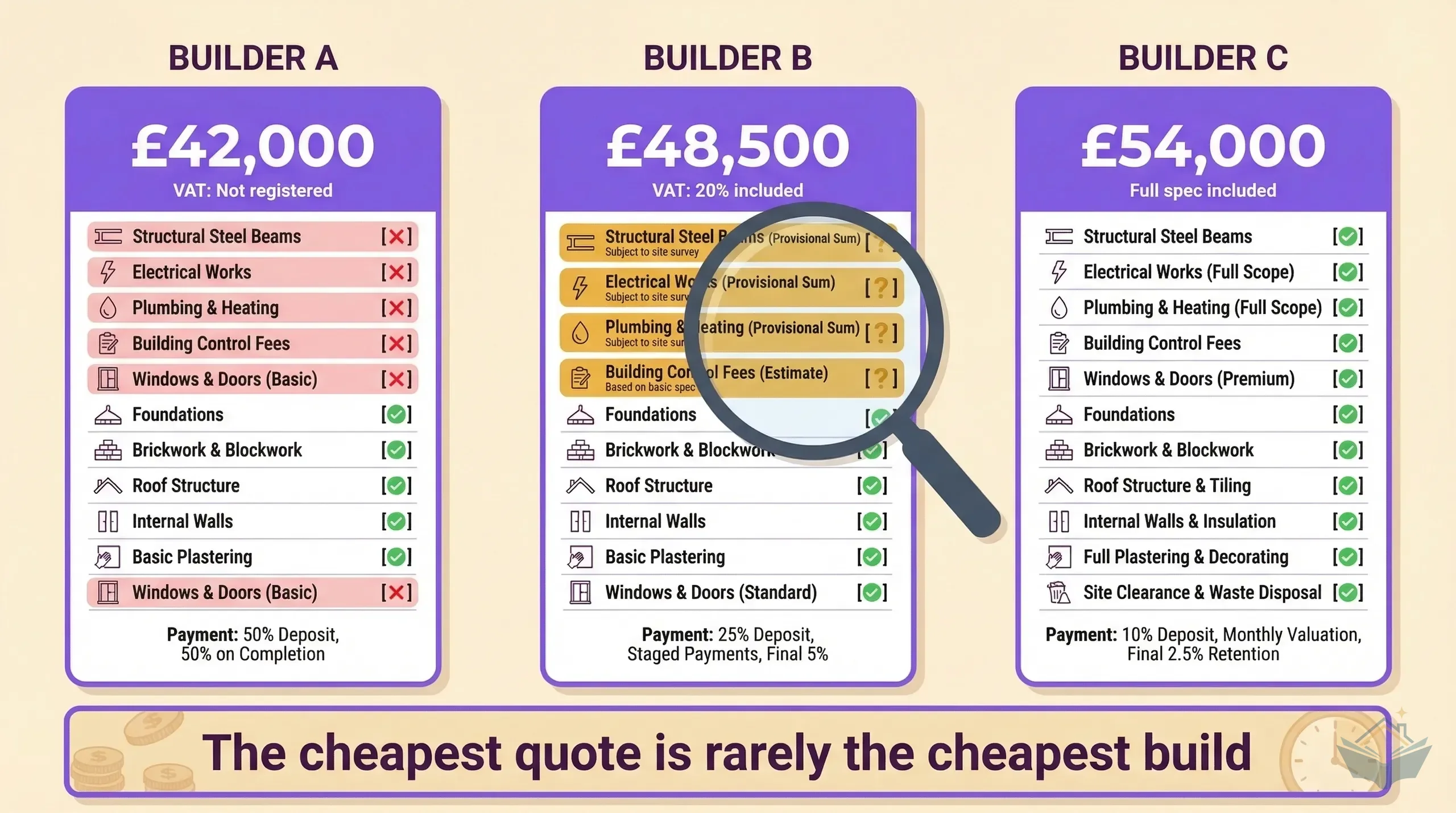 Builder quote comparison infographic showing three quotes side by side with highlighted differences in scope, exclusions, and VAT treatment
