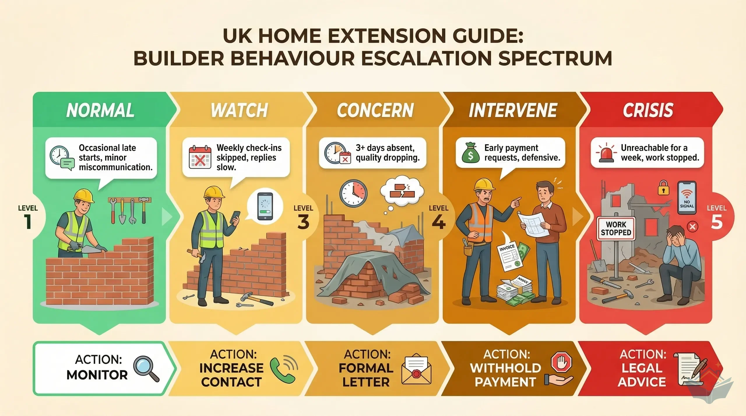 Escalation spectrum showing five levels of builder behaviour from normal friction to crisis, with recommended homeowner actions at each stage