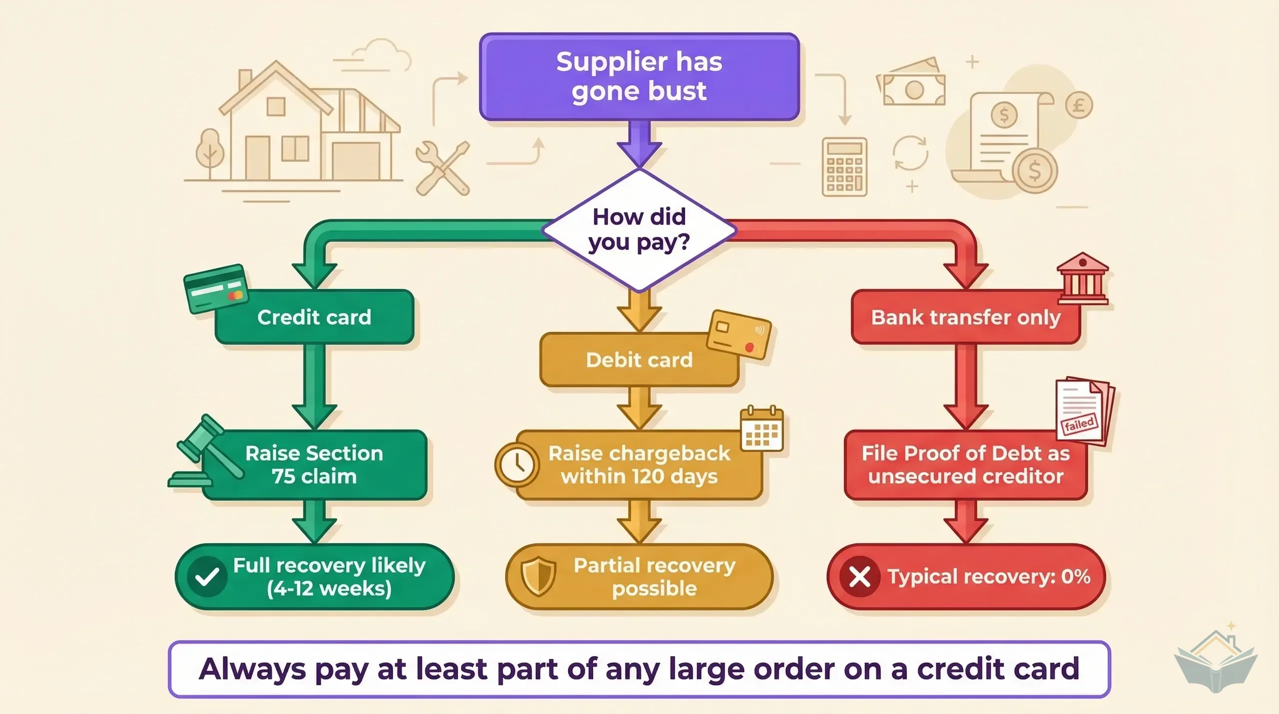 Decision flowchart showing recovery routes when a building supplier goes bust, branching by payment method from credit card to debit card to bank transfer