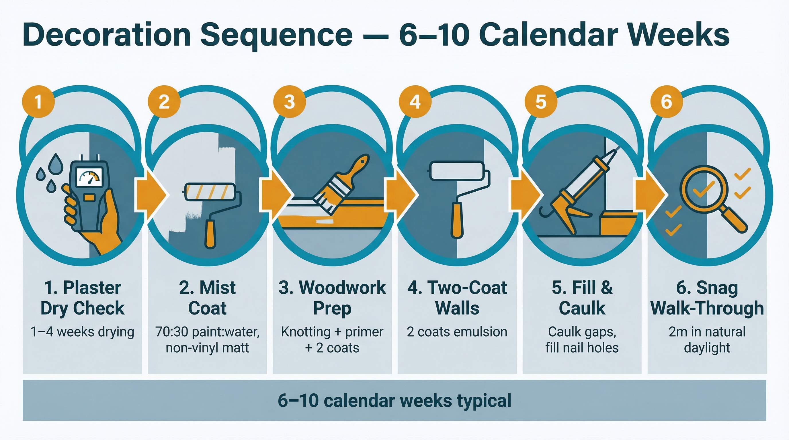 Process infographic showing the decoration sequence for a new extension: plaster drying check, mist coat application, woodwork priming, walls and ceilings two coats, snagging walk-through, with timing markers for each stage