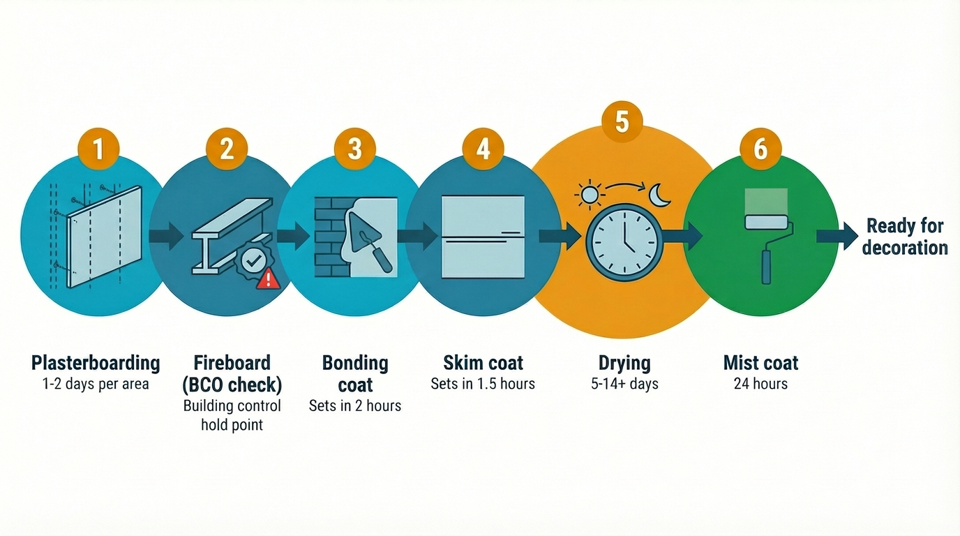 Timeline infographic showing the plastering sequence from plasterboarding through bonding, skimming, drying, mist coat, and decoration, with time durations for each stage