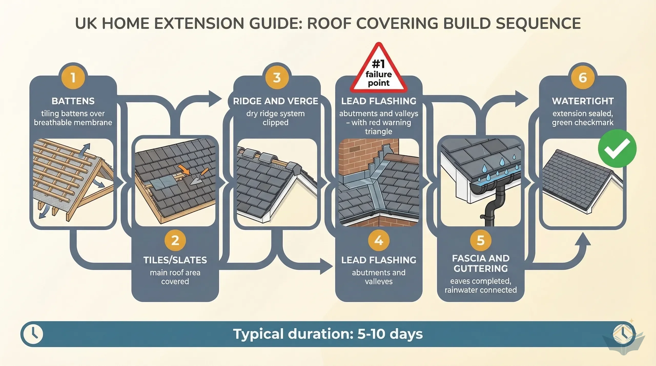 Process infographic showing the roof covering build sequence from breathable membrane through battens, tiles, ridge, flashing, fascia, soffit and guttering, with the extension becoming watertight at each stage