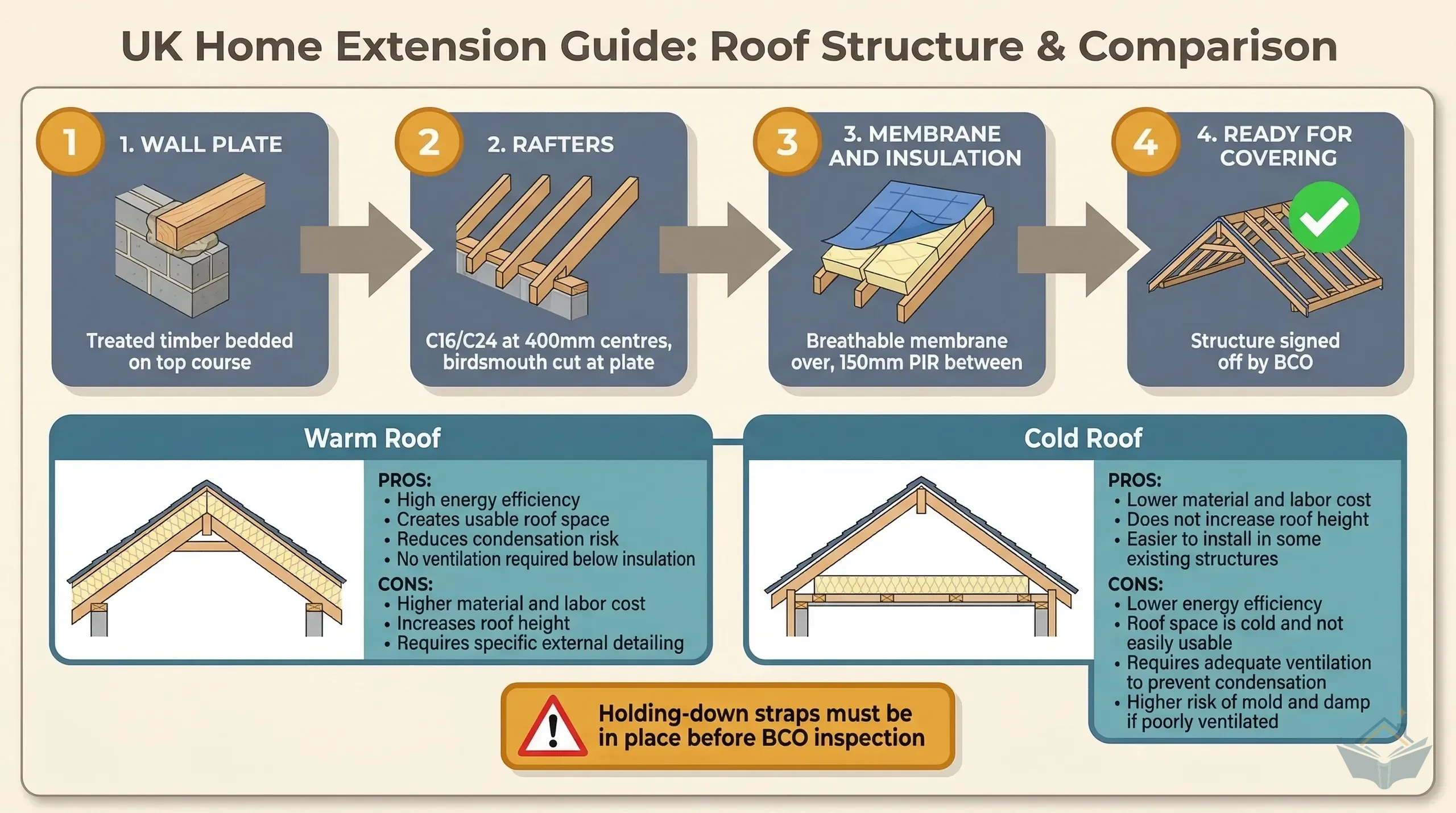 Technical cross-section of a pitched lean-to roof structure for a single-storey extension showing wall plate, rafters with birdsmouth cuts, ridge connection, breathable membrane, and insulation layers with annotation callouts