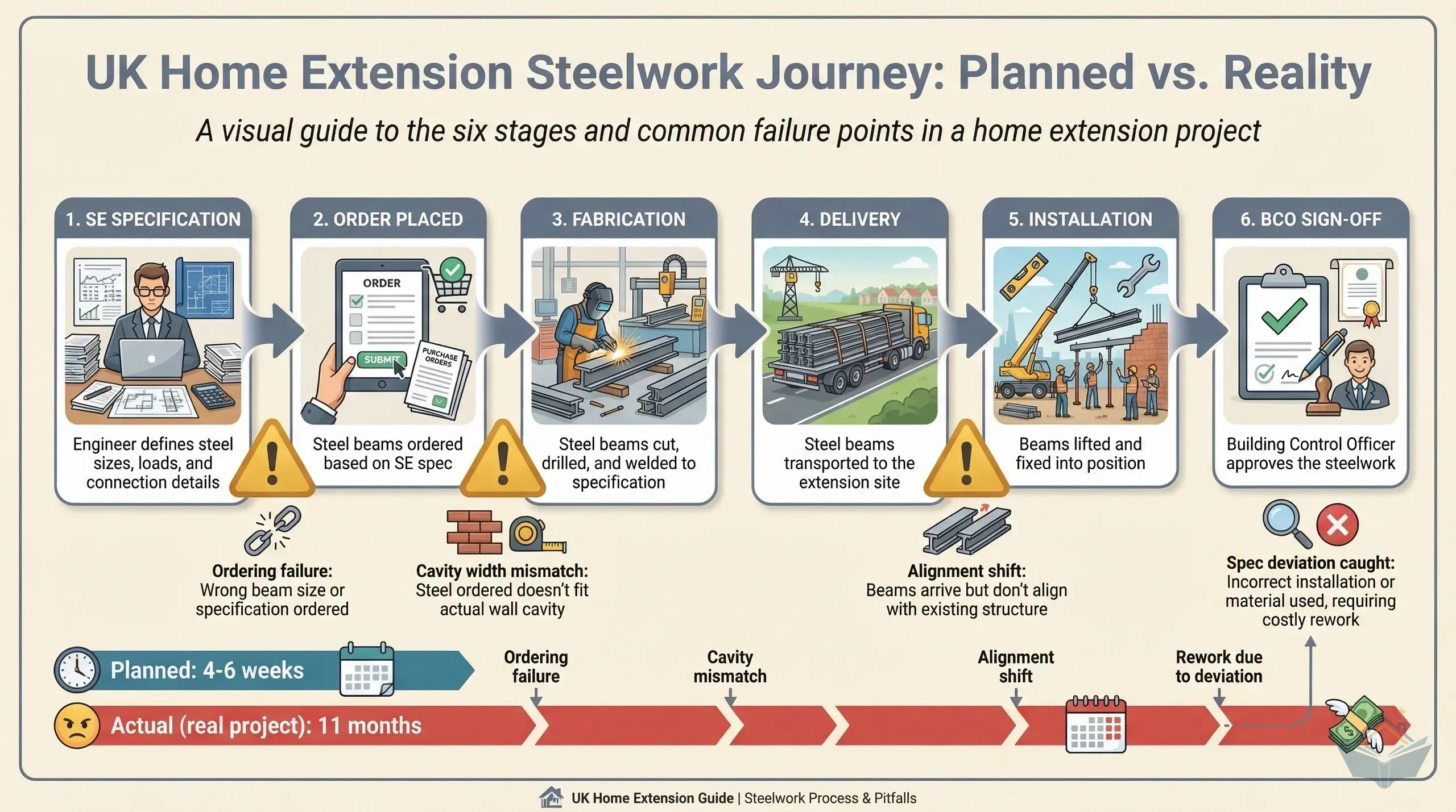 Process infographic showing the steelwork journey from structural engineer specification through fabrication, delivery, and installation, with common failure points highlighted at each stage