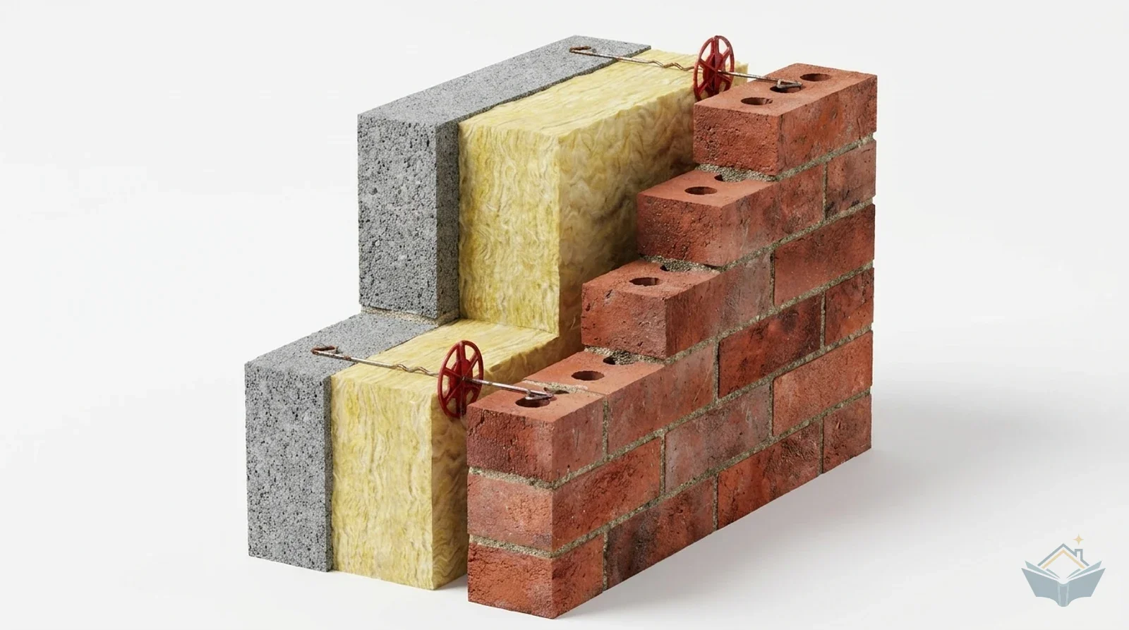 Isometric stepped cutaway of a UK cavity wall showing lightweight concrete blockwork inner leaf, cavity insulation, facing brickwork outer leaf, and two stainless steel wall ties bridging the cavity