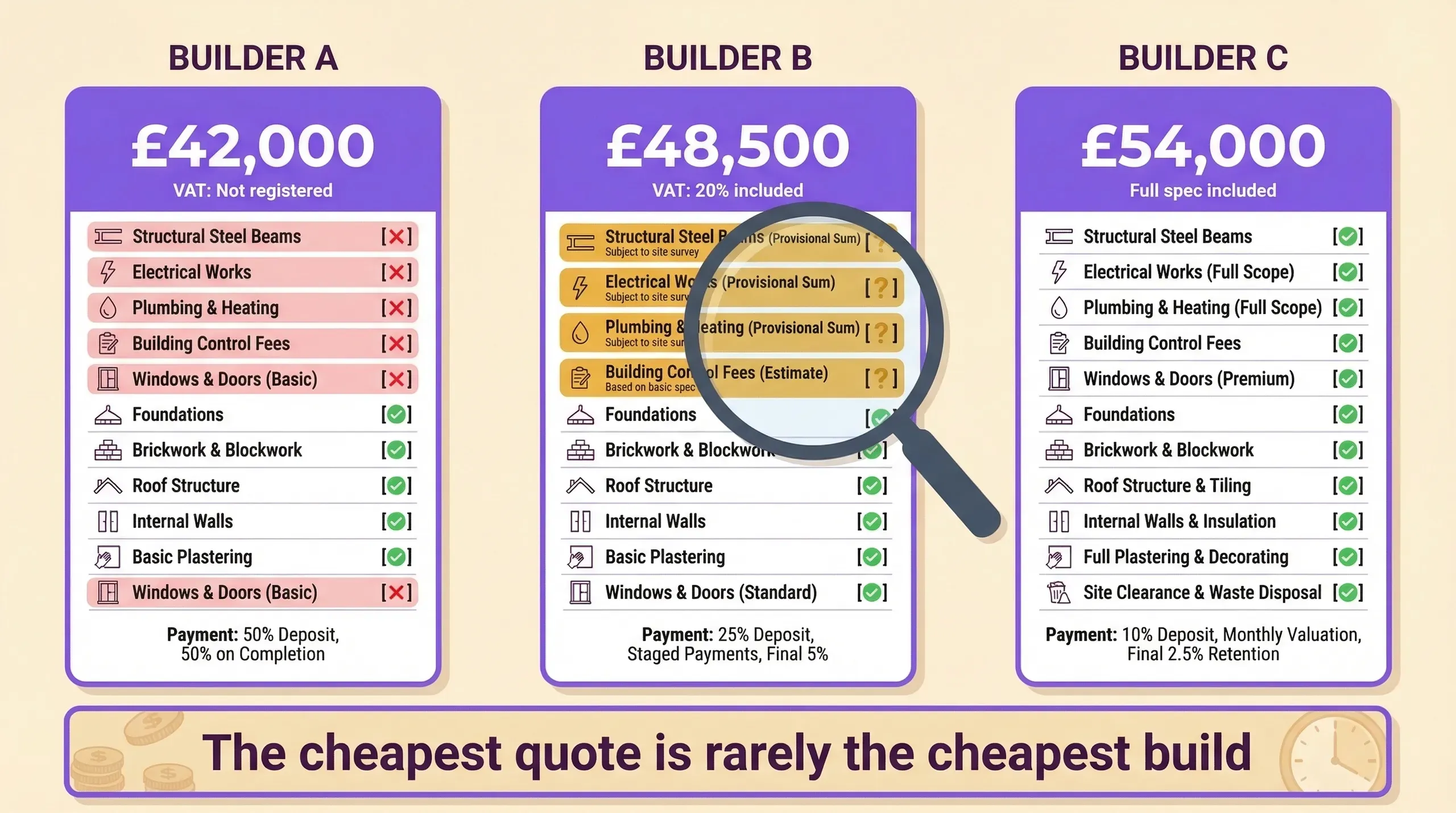 Builder quote comparison infographic showing three quotes side by side with highlighted differences in scope, exclusions, and VAT treatment