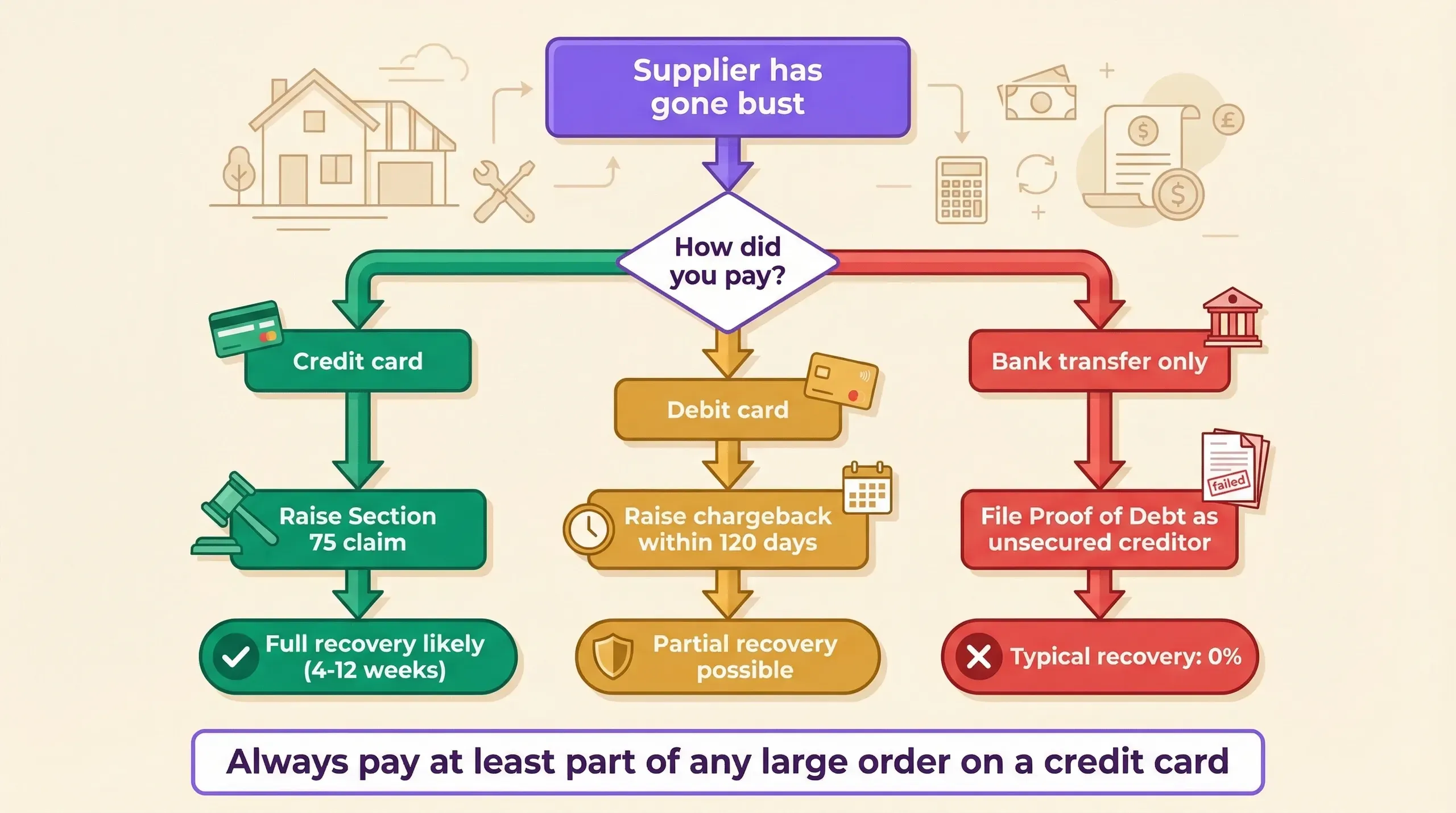 Decision flowchart showing recovery routes when a building supplier goes bust, branching by payment method from credit card to debit card to bank transfer