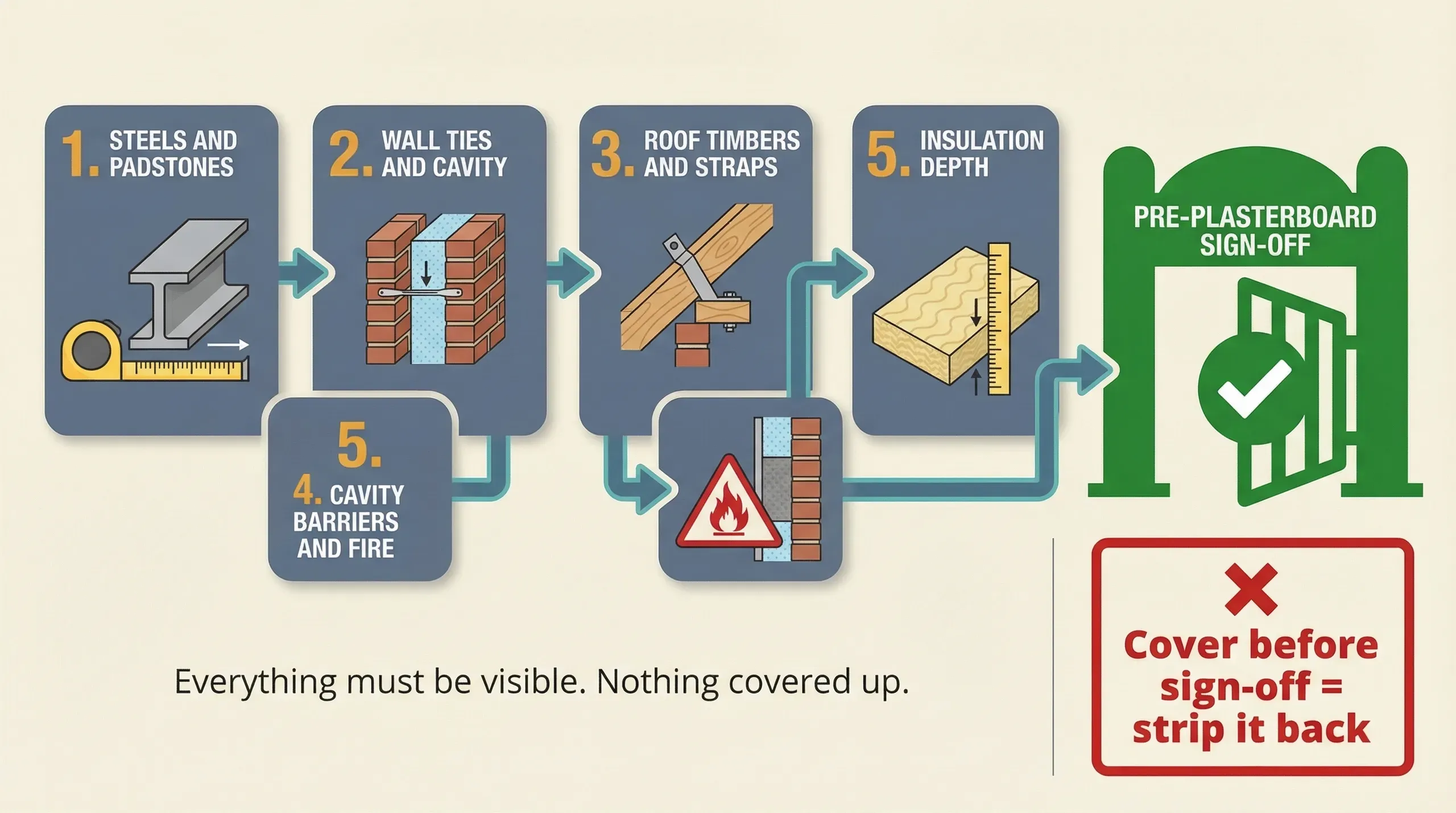 Process infographic showing the building control structural inspection sequence: steels checked, wall ties verified, roof timbers inspected, cavity barriers confirmed, and pre-plasterboard sign-off given before any work is concealed