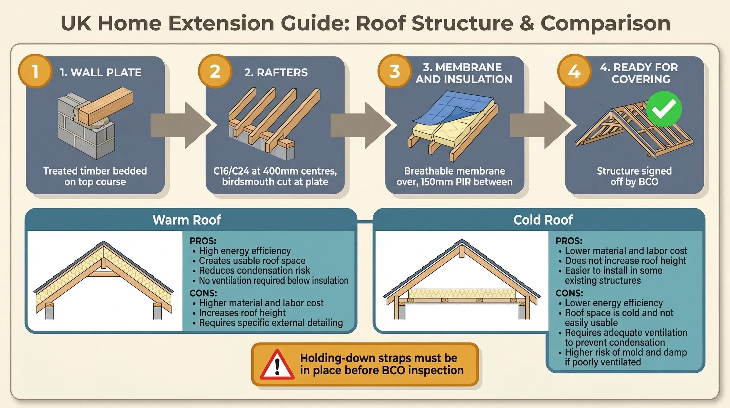 Technical cross-section of a pitched lean-to roof structure for a single-storey extension showing wall plate, rafters with birdsmouth cuts, ridge connection, breathable membrane, and insulation layers with annotation callouts