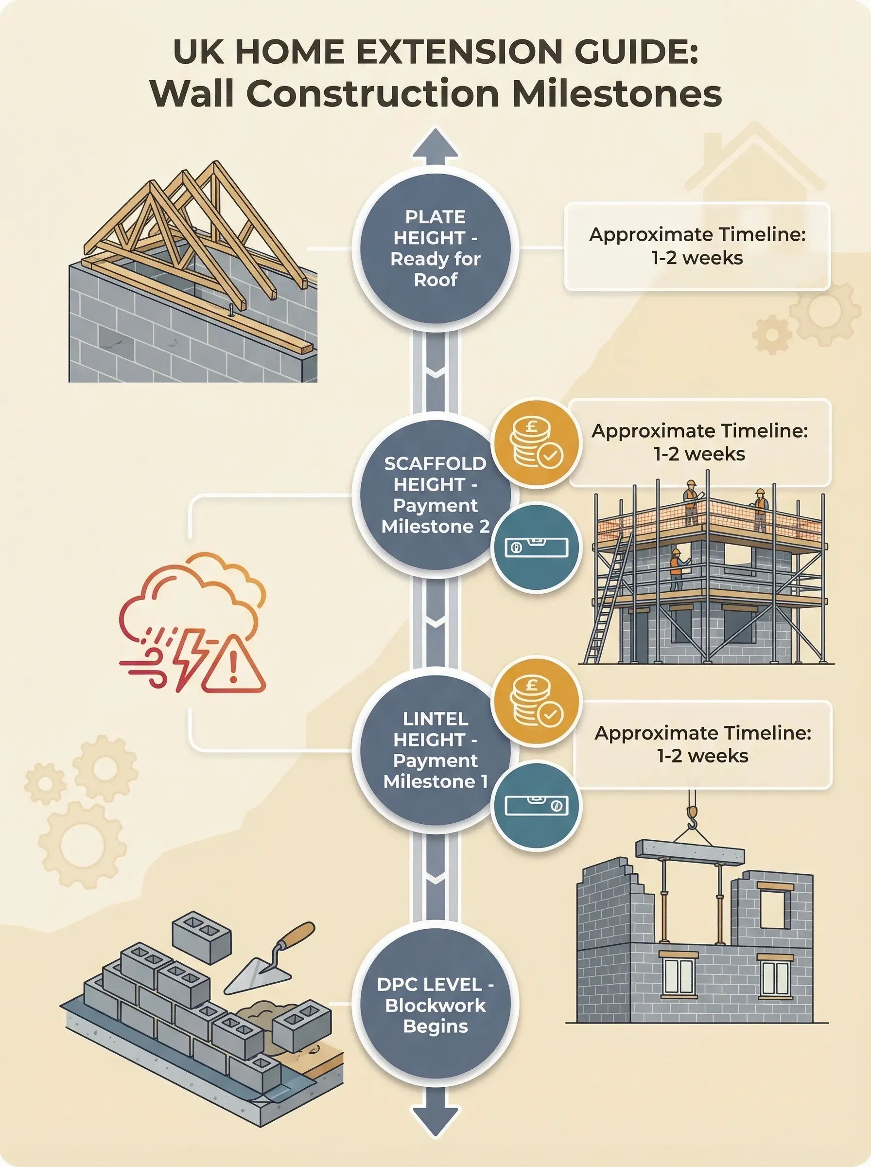 Process infographic showing extension wall milestones from DPC through lintel height, scaffold height, to plate height, with payment checkpoints and quality inspection points marked at each stage