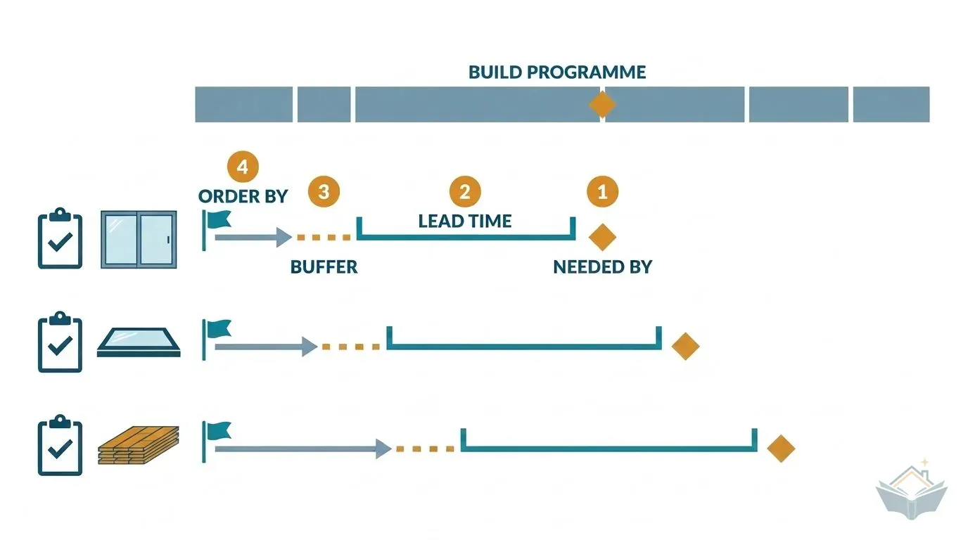 Flat infographic of an extension build programme with long-lead items below it, each working back from the week it is needed through its lead time and a buffer to the date it has to be ordered