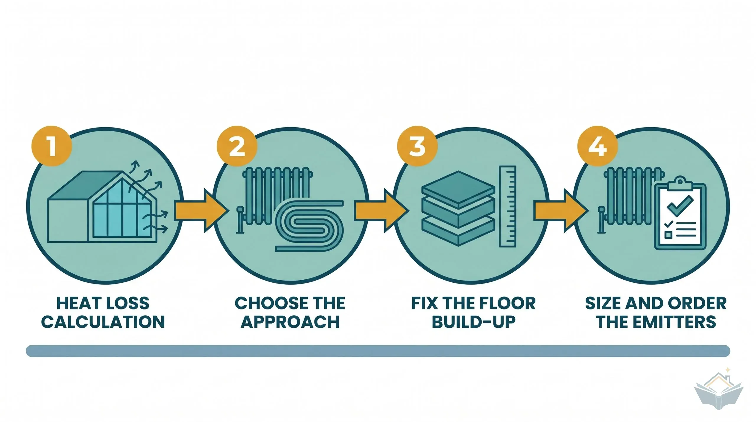Flat infographic of four heating decisions for a rear extension in build order: a heat loss calculation, choosing radiators or underfloor heating, fixing the floor build-up, and sizing and ordering the emitters